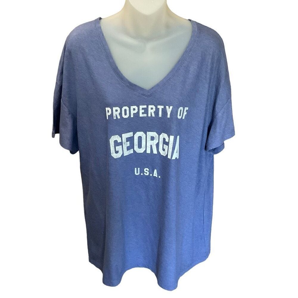 State Of Mine Tee Shirt Graphic Property Of Georgia USA V-Neck Blue White Large
